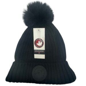 NWT Canada Weather Gear Black Ribbed Knit PomPom Fleeced Cuffed Beanie - OS